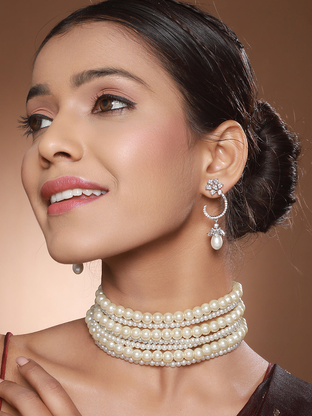 Pearl Beaded 7 Layered Minimal Luxe Choker with AD Earrings  Jewellery  Set